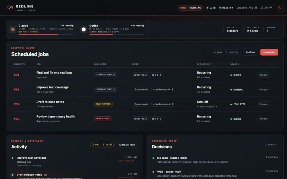 The Redline dashboard showing queued jobs and scheduler decisions